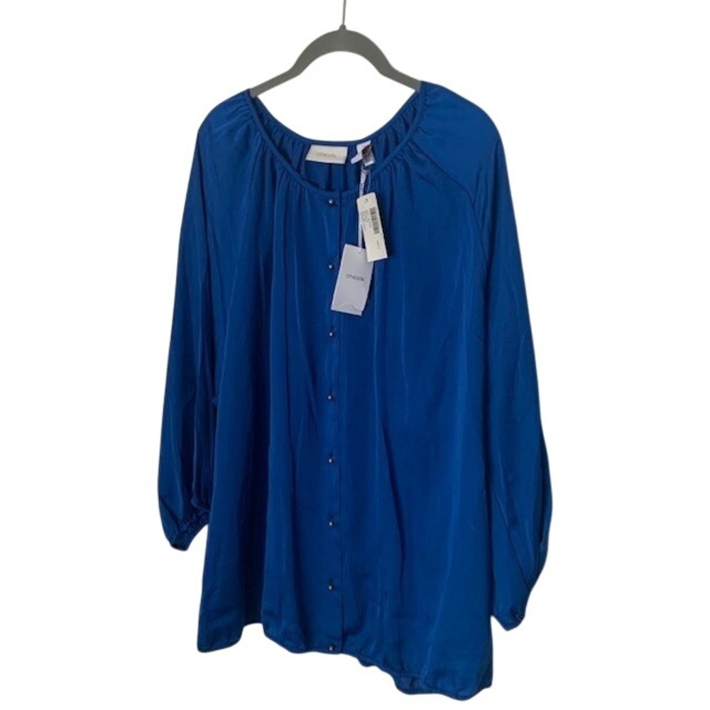 Chico's NWT Natalia Soft Sheen Blouse Size 3 XL 16 Infinity Blue Modern Chic‎